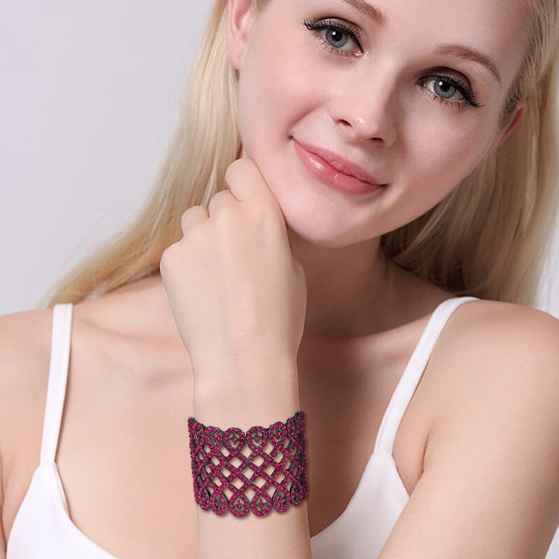 EVER FAITH Art Deco Love Knot Wide Stretch Bridal Bracelet Austrian Crystal - color: Hot Pink Black-Tone