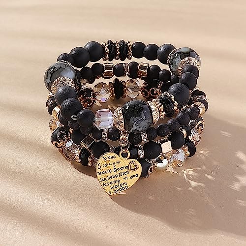 Women Beaded Bracelet Set | Colorful Boho Stackable Trendy Design with Crystal Accents Multilayer Bangle Bracelet | Fashion Stretch Braclets Jewelry for Women - color: Black