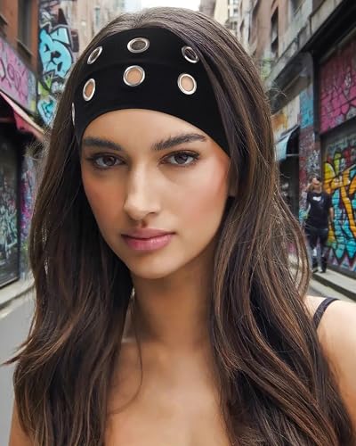 AWAYTR Women Hollow Out Eyelet Elastic Headband Y2K Wide Grommet Hairband Punk Grunge Wide Band for Girls (Black/Coffee/Gray, One size) - color: Black/Coffee/Gray