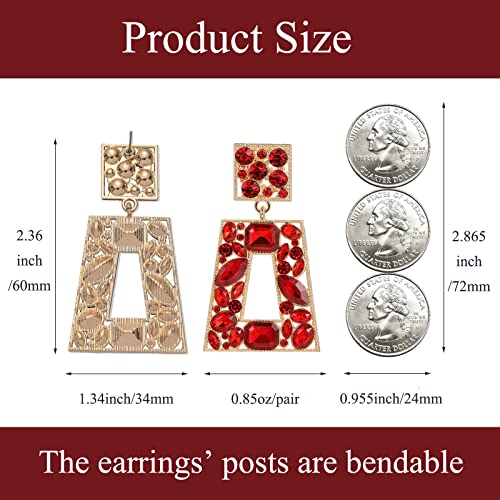Rhinestone Rectangle Statement Earrings Colorful Crystal Geometric Drop Dangle Earrings for Women Prom Party - color: red
