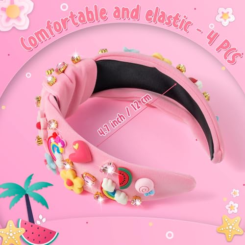 PANTIDE 4Pcs Floral Jeweled Knotted Headband - Rainbow Rhinestone Crystal Embellished Headband Wide Top Knot Fashion Hairband Hair Accessories Summer Birthday Back To School Gift for Women Girl (Pink) - color: Pink Floral 4Pcs