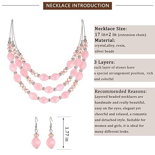 3 Layered Chunky Statement Necklace for Women Beaded Strand Necklaces with Earring Fashion Costumes Collar Necklace Jewelry Sets Gifts for Women - color: Pink