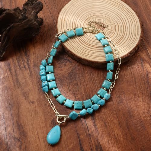 INENIMARTJ Gold Turquoise Necklace for Women Boho Turquoise Pendant Necklace Gold Chain Turquoises Necklaces Trendy Western Turquoises Jewelry for Womens - style: style F