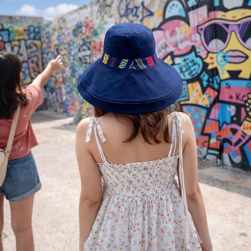 Wide Brim Sun Hat for Women Reversible Beach Hats Metal Wired Edge Gardening Hats, UPF 50+ Bucket Summer Hat - color: Navy Boho-style