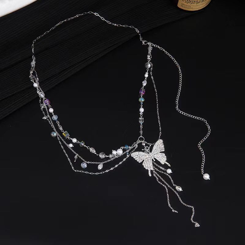 Y2k Belly Chain Rhinestone Butterfly Waist Beads Pearl Layered Silver Chain Belt For Women