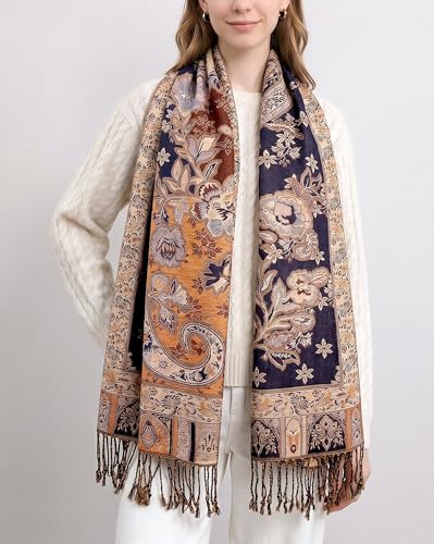 Achillea Elegant Paisley Floral Pashmina Shawl and Wrap – Boho Rave Scarf for Festival, Travel & Everyday Wear - color: Navy Amber Gold