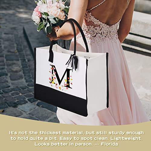 Reginary 12 Pack Canvas Tote Bags Initial Classic Present Personalized Canvas Beach Bag for Wedding, Birthday, Beach(Black and White) - color: Black and White