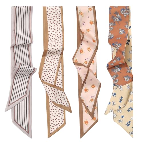 CHLINS 4PCS Satin Head Scarf for Women, Neck Hair Purse Handbag Accessory Fashion Versatile Thin Long Strip Scarf - color: Brown