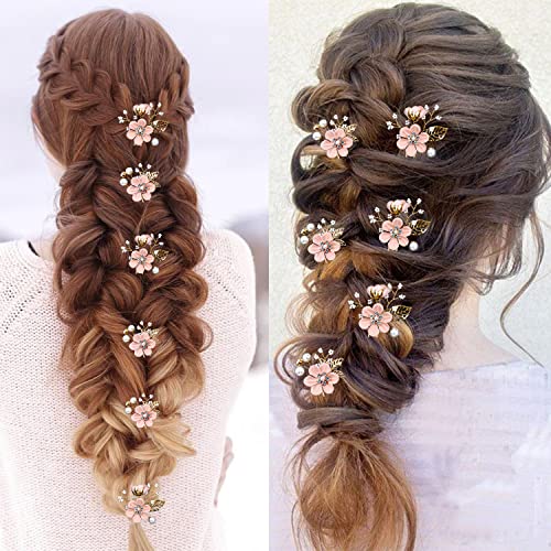 6 Pieces Bridal Flower Wedding Hair Pins Crystal Pearl Hair Pins Clips Headpiece Gold Wedding Hair Accessories Jewelry with Rhinestone for Brides Bridesmaids Women Girls Updo (Cherry Blossoms Pink) - color: Cherry Blossoms Pink