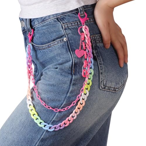 Y2k Heart Pendant Rainbow Acrylic Pants Trousers Chain for Women Chunky Colorful Resin Removable Love Charm Layered Rock Wallet Belt Pocket Waist Jeans Belly Chains Backpack Body Accessories - color: Hot Pink