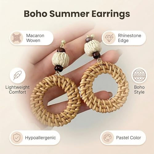 Woven Raffia Rattan Earrings for Women, Boho Flower Hoop & Drop Dangle Earrings Collection, Handmade Summer Beach Vacation Statement Earrings for Party Daily Wear - color: Rattan Bead Interlocking Hoop