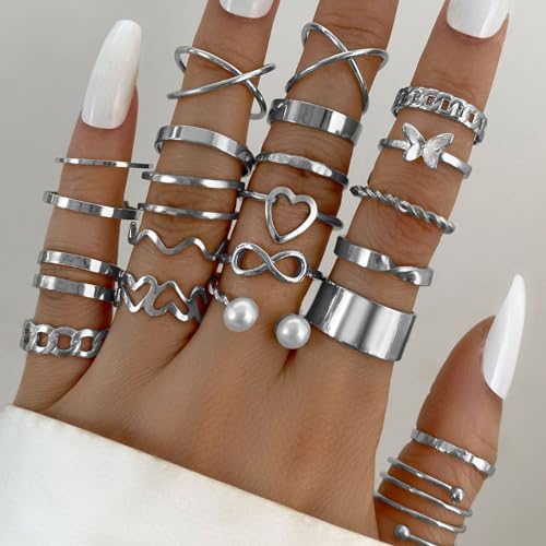 Vintage Silver/Gold/Black Kunckle Rings Set for Women Boho Stackable Rings Butterfly Pearl Heart Rings Open Adjustable Finger Rings Statement Rings Set Jewelry Gifts - color: Silver