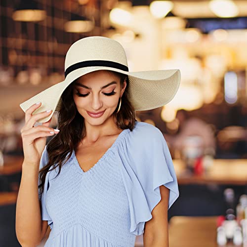 Women Wide Brim Sun Hat UPF50 Straw Summer Hat Floppy Beach Hat Roll-Up - color: Beige