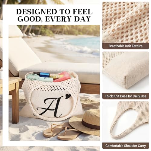 Shinylin Personalized Crochet Tote Bag for Beach Women Beige Mesh Knit Shoulder Bag Boho Aesthetic Tote for Women - style: Letter a