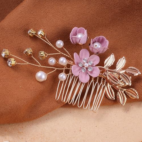 10PCS Hair Comb Set - Wedding Floral Hair Accessories for Women, Baby Purple Flower Hairs Pins, Vintage Wedding Hair Clips, Bridesmaid, Mother of Bride, Gold Decorations - color: Purple