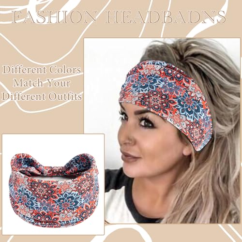 Wide Headbands For Women Boho Head Bands Floral Printed Bandana Hair Band Fashion Head Wraps Bohemian Turban African Scarf Workout Yoga Sweatbands Hair Accessories For Women Girls 4 Pack - color: Style 80