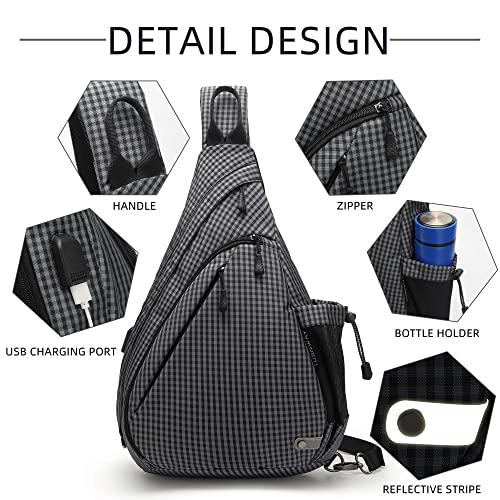 TurnWay Water-Proof Sling bag/Crossbody Backpack/Shoulder Bag with USB Charging Port for Travel, Hiking, Cycling, Camping - color: Grey Grid