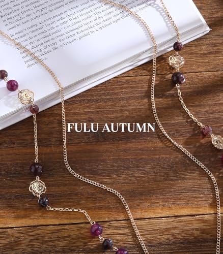FULU AUTUMN Boho Gold Long Necklaces for Women Natural Stone Beaded Layered Long Necklace Mothers Day Gifts Dainty Flower Costume Jewelry for Women - color: Purple