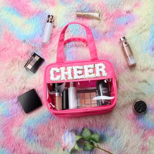 BuyCard Cheer Chenille Letter Bags Clear Makeup Bag for Travel, Cheerleader Gifts Cosmetic Bag with Handles and Zipper, Nylon & PVC Waterproof Large Cheer Accessories Toiletry Bag for Women - color: Rose Red-Cheer