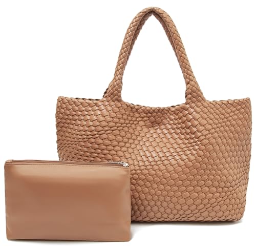 Handmade Woven Tote Bag for Women, Soft Vegan Leather Shoulder Bag with Purse, Large Travel Handbag - color: Brown