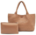 Handmade Woven Tote Bag for Women, Soft Vegan Leather Shoulder Bag with Purse, Large Travel Handbag - color: Brown