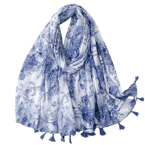 WaJuemy Travel Boho Scarf for Women Casual Lightweight Pashmina Scarves Fashion Multicolor Shawl Wraps with Fringed Beads - color: 05a Blue Trees