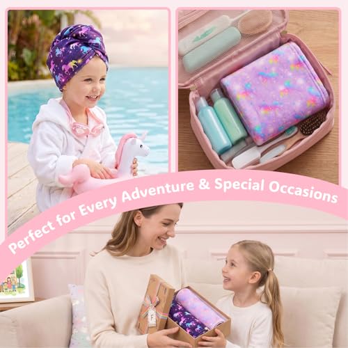Basumee Microfiber Hair Towel Wrap for Kids 2 Pack Rapid Drying Hair Towel with Button Hair Turbans for Wet Hair Wraps Head Towel Wrap for Women and Girls, Dark Unicorn - color: Dark Unicorn