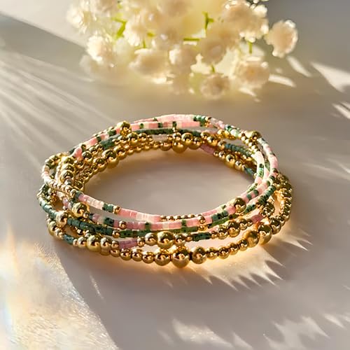 14K Gold Beaded Ball Stackable Bracelets for Women,Bohemian Stretch Colorful Seed Beads Bracelet Stack Fashion Holiday Jewelry Gift Friendship - color: Turquoise