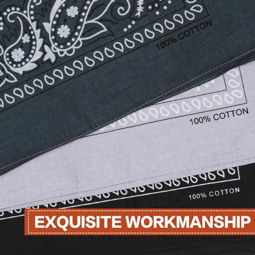 Raylarnia 100% Cotton Large Bandanas for Men and Women, 22 Inch Paisley Bandana with Multiple Colors - color: Black/Dark Gray/Light Gray