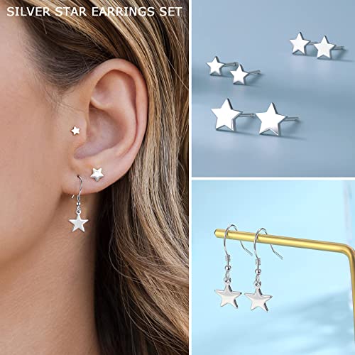 3 Pairs 925 Sterling Silver Star Stud Earrings for Women,Tiny Simple Geometric Stud Earrings Set Small Hypoallergenic Cartilage Tragus Ear Jewellery for Men (3/4/5mm) - color: 04 Silver-3 Pairs-dangle & stud