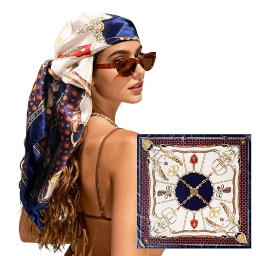 Large Square Head Scarf Bandana - 35" Satin Hair Scarf for Women Like Silk Scarf Fashion Hair Wrapping - color: Equestrian Chain(blue), size: 35IN*35IN