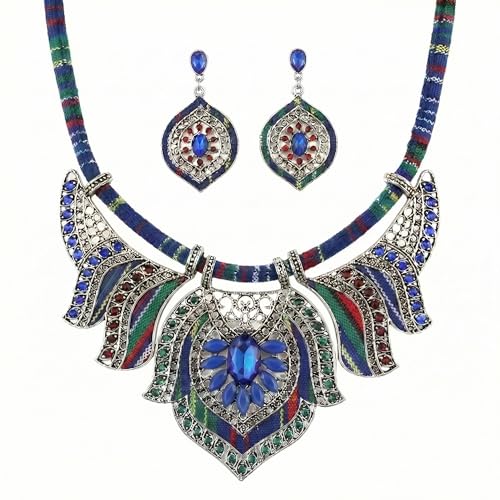 African Tribal Jewelry Set for Women - 2pcs Chunky Colorful Boho Vintage Statement Necklace Earrings Bib Choker Festival Costume Ethnic Accessories - style: Blue Style