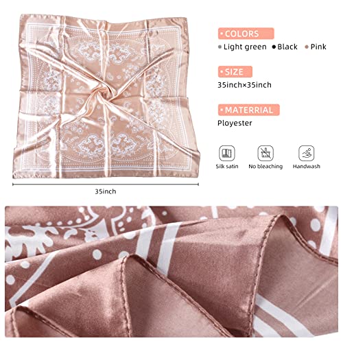 35 x 35 Women's Fashion Pattern Large Square Silk Like Hair Scarf Head Sleeping Wrap Satin Neck Bandana for Gift… - color: Green Black Pink - Retro - 3pcs