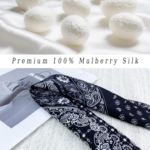 Women's Small 21 inch 100% Silk Scarf Bandana for Head Neck Hair | 100% Mulberry Silk Lightweight Designs Gift-Ready Packaging For Hair Fashion 21"x21" Printed - color: 204black