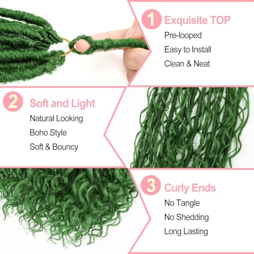 Goddess Locs Crochet Hair 7 Packs Bohemian Faux Locs Pre-Looped Braids, Boho Goddess Soft Locs Crochet Hair with Curly Ends Hair Extensions for Women (Dark Green#, 24Inch) - color: Dark Green#, size: 24 Inch