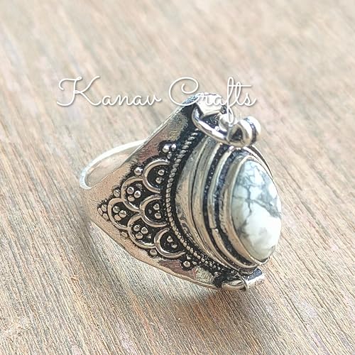 White Howlite Ring, Poison Box Ring, Marquise Stone Ring, White Turquoise Ring, Poison Ring, PillBox Ring, Openable Poison Ring, White Marble Ring, Handmade Poison Ring, Secret Stash Jewelry