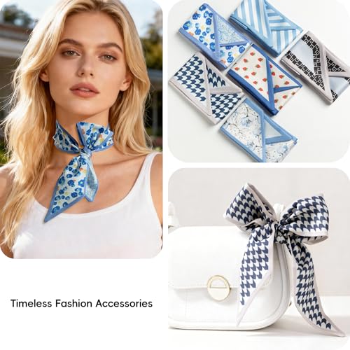 ZXZH 6 Pack Fashion Scarves for Women, Versatile Boho Head Scarf, Satin Scarf for Hair, Neck, Wrist, and Purse Accessories - color: Sweet Blue Print