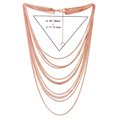 Waterfall Multi-Strand Chains Statement Collar Necklace with Rhinestones Chains, Dress - color: J-Metal Color: 18K Rose-Gold-Plated