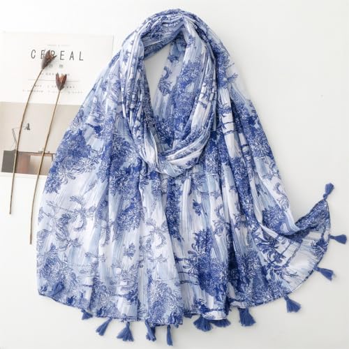 WaJuemy Travel Boho Scarf for Women Casual Lightweight Pashmina Scarves Fashion Multicolor Shawl Wraps with Fringed Beads - color: 05a Blue Trees