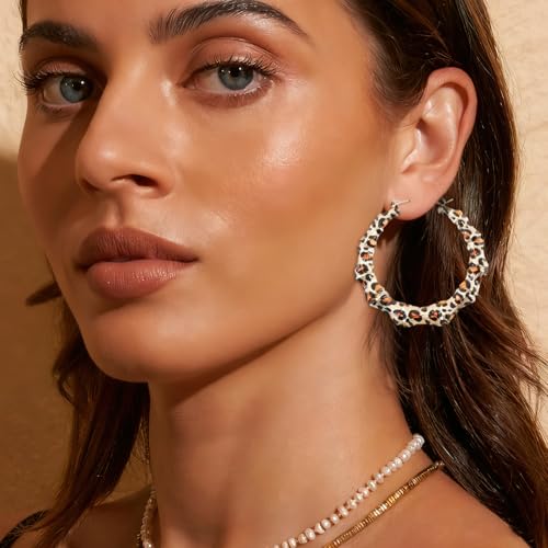 Bamboo Hoop Earrings, Large Hip Hop Bamboo Earrings for Women Silver Plated Statement Oversized Bamboos Hoop Earrings Set for 80s 90s Rapper Accessories Daily Wear Fashion Party - color: Leopart, size: 90m