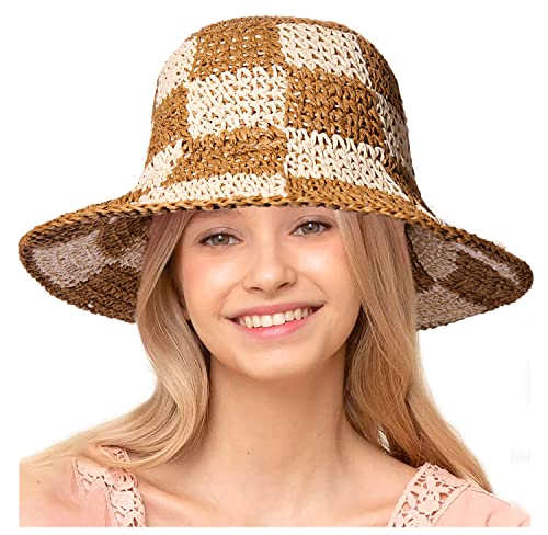 Sun Hats Checkerboard Straw Bucket Hat for Women Packable Crochet Wide Brim Floppy Beach Hats Traveling Summer Accessories - color: Beige