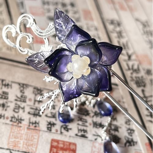 Deep Purple Camellia Flower with Pearl Tassels Hairpin Chinese Hanfu Handmade Hair Clip Hair Accessories for Women Girls Long Hair (Deep Blue Purple Camellia) - color: Deep Blue Camellia