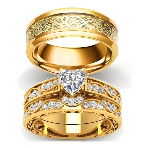 3Pcs Moissanite Wedding Rings Sets for Couples, s925 10K 14K 18K Real Gold Wedding Rings Sets for Him and Her, Customized Matching Engagement Bands Set for Men and Women Free Engraving - style: Style-2