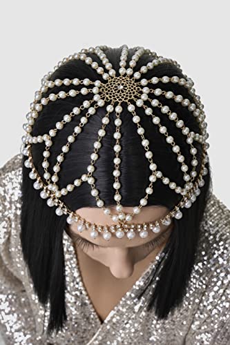 BABEYOND 1920s Crystal Cap Headpiece Rhinestone Head Chain Roaring 20s Great Gatsby Hair Accessories for Art Deco Party (Gold) - color: Gold