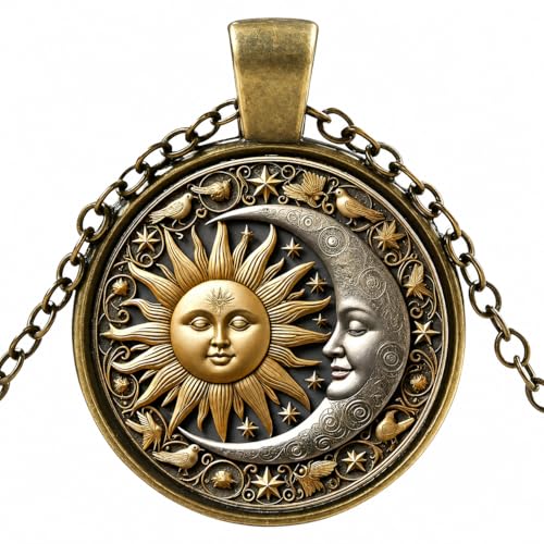 1pc Stunning Round Pendant Necklace - Unique Sun & Moon Pattern, Oil Painting Style Glass Mosaic, Alloy Construction, Trendy Sweater Chain, Fashionable Gift for Women - Christmas or Birthday Gift - color: Gray Moon (Bronze)