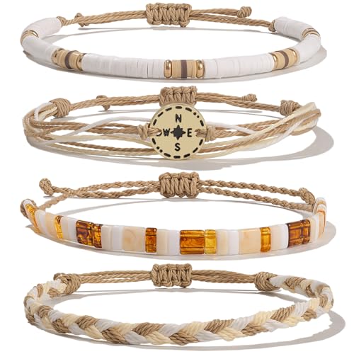 FANCY SHINY Boho Nautical Compass String Bracelets Beaded Clay Beads Bracelet Stackable Friendship Bracelets Summer Beach Outfits for Women Girls - color: Sand