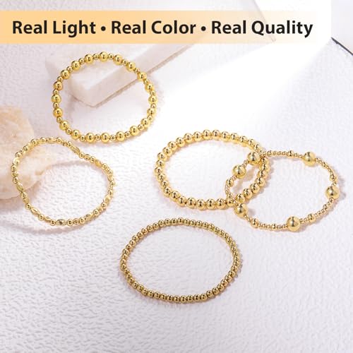Gold Beaded Bracelets for Women: 14K Gold Bracelets for Women Trendy Dainty Gold Ball Bracelet Stack for Womens - Boho Stretch Bracelets Jewelry Sets with Cross Fashion Accessories Gifts for Women - style: Gold Bead