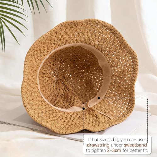Sun Hat for Women Beach Hat Straw Bucket Hat Summer UV Protection, Packable Breathable Crochet Style - color: 1pack-khaki