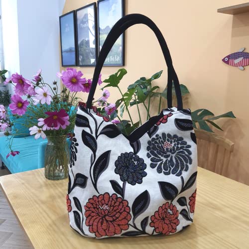 HCRAFT Embroidered Handbags for Women, Large Beads Flower Shoulder Tote Bag with Zipper Fabric Hobo Bags, Mother's Day Bag - color: Large Beads
