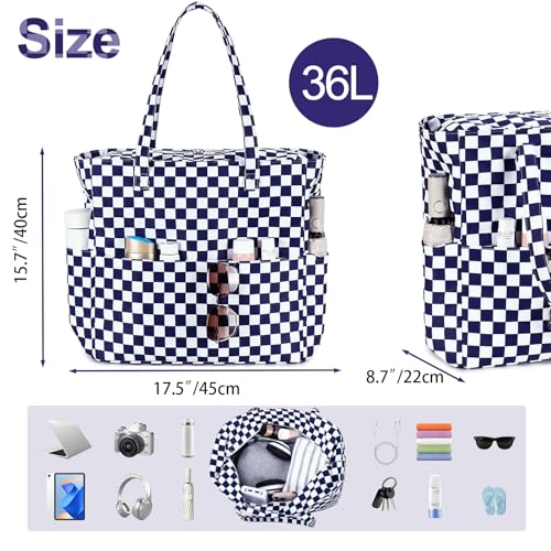 Bluboon Waterproof Beach Tote Pool Bags for Women Ladies Extra Large Carry On Bag With Wet Compartment for Weekender Travel - color: Dark Blue White Checkered